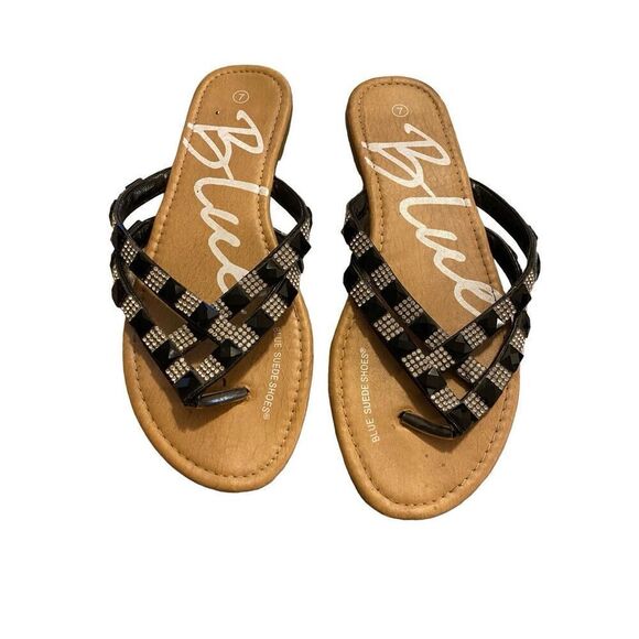 Blue Suede Rhinestone Embellished Flip Flops Sandals Sz 7 - Picture 4 of 8